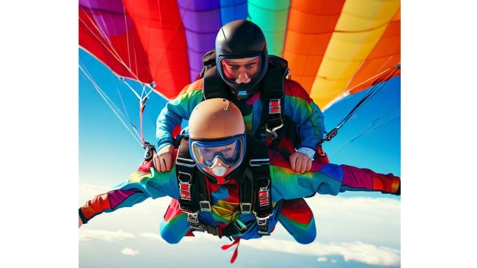 2 people strapped together hanging from a colorful parachute